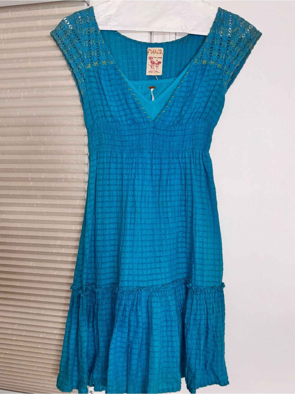 Vintage Free People blue dress subtle lime green embroidery stitching size 6